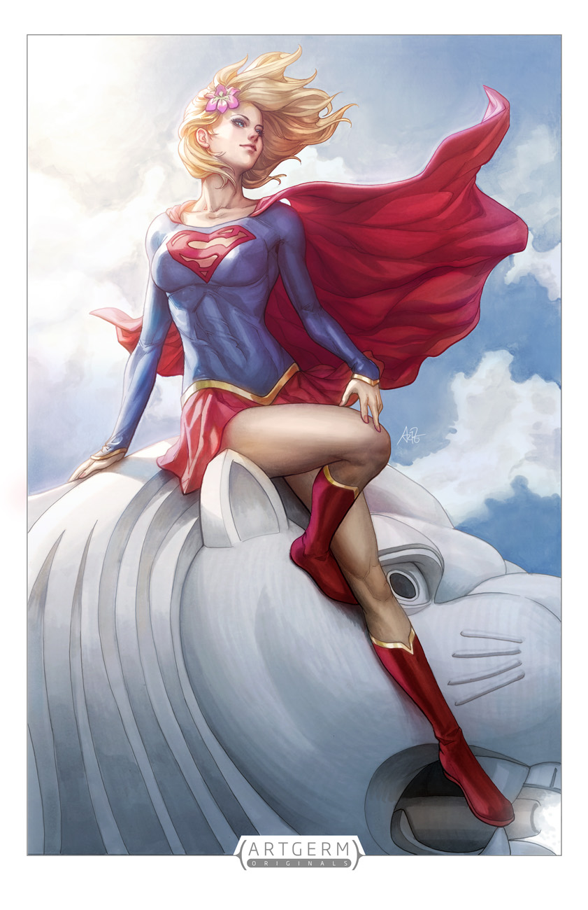 1girl blonde_hair blue_eyes boots cape dc_comics highres miniskirt skirt smile solo stanley_lau supergirl superhero