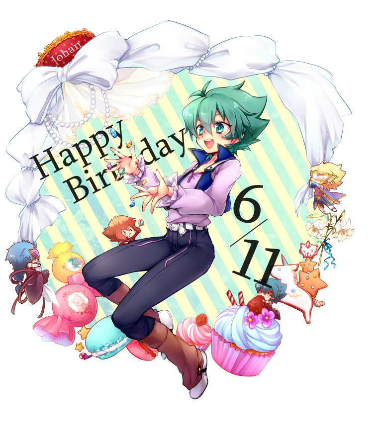 1boy character_name character_request cupcake dated english flower gift green_eyes green_hair happy_birthday johan_andersen macaron male_focus open_mouth short_hair simple_background solo_focus tobi_(one) white_background yuu-gi-ou yuu-gi-ou_gx yuuki_juudai