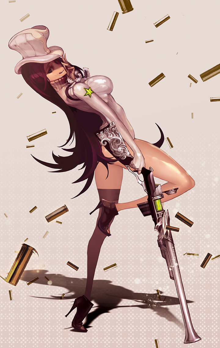 1girl :q alternate_costume black_eyes breasts brown_hair caitlyn_(league_of_legends) duto from_side gun hat high_heels impossible_clothes impossible_sweater league_of_legends leaning_back leg_up long_hair looking_at_viewer rifle shell_casing single_thighhigh solo standing_on_one_leg star sweater thigh-highs tongue tongue_out turtleneck very_long_hair weapon