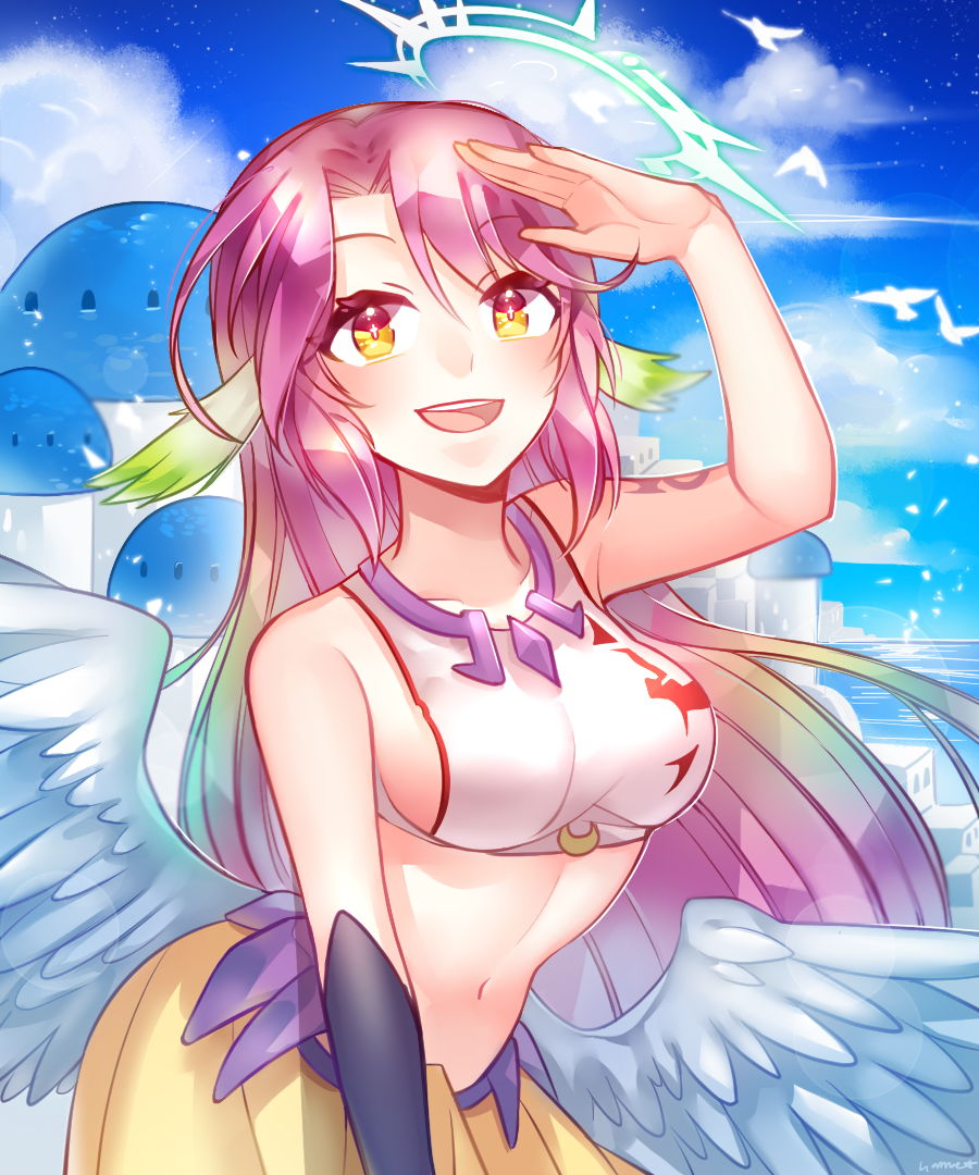 +_+ 1girl :d animal bare_shoulders bird black_gloves blue_sky brown_eyes building collarbone crescent_moon_pin gloves halo hand_on_forehead jewelry jibril_(no_game_no_life) leaning_forward long_hair looking_at_viewer low_wings midriff navel neck_ring no_game_no_life open_mouth pink_hair pleated_skirt salute sanme shirt side_ponytail single_glove skirt sky smile solo stomach symbol-shaped_pupils tattoo taut_clothes taut_shirt very_long_hair white_wings wing_ears wings yellow_skirt