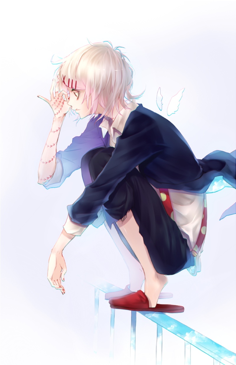 1boy androgynous angel_wings hair_ornament hairclip highres male_focus nipponia_nippon no_socks profile short_hair slippers solo squatting stitches suzuya_juuzou tokyo_ghoul white_hair wings