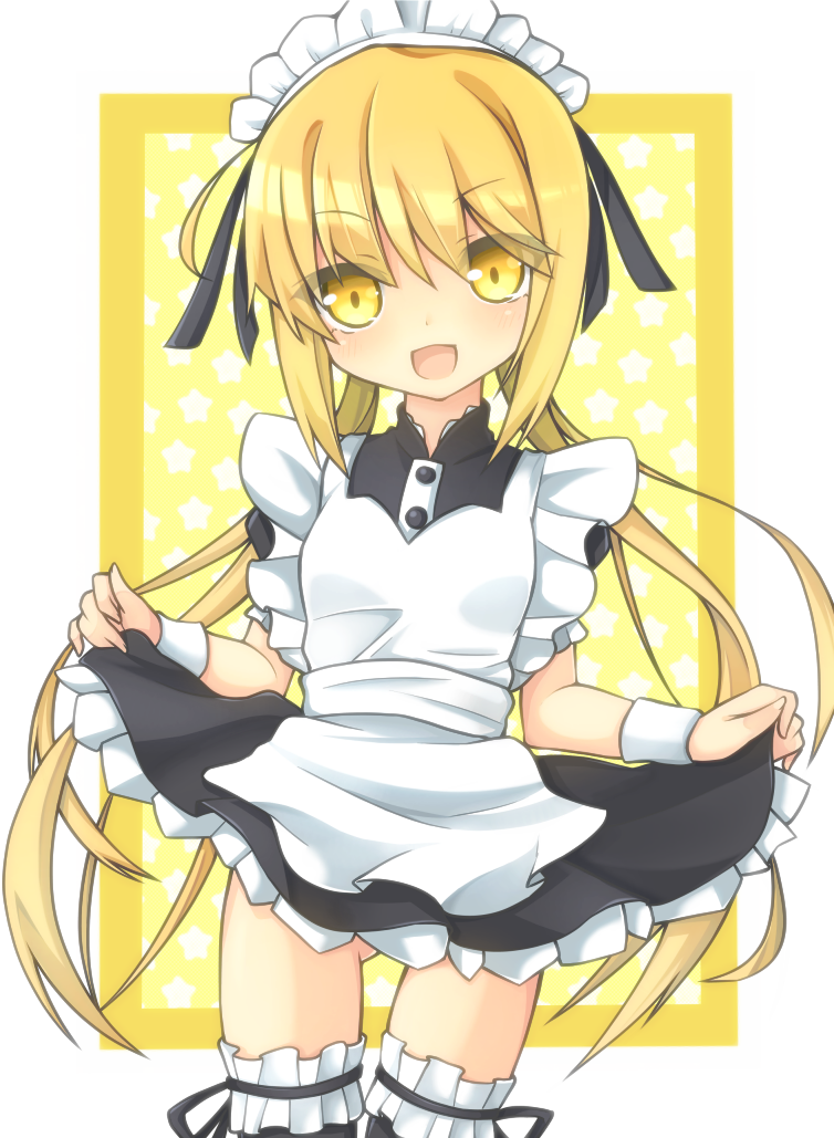 1girl :d alternate_costume apron blonde_hair enmaided kantai_collection looking_at_viewer maid maid_apron maid_headdress open_mouth puffy_short_sleeves puffy_sleeves rateratte satsuki_(kantai_collection) short_sleeves skirt skirt_lift smile solo thigh-highs twintails yellow_eyes