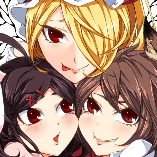 3girls :p animal_ears bare_shoulders blonde_hair brown_hair cat_ears cheek-to-cheek chen close-up enami_hakase flandre_scarlet hair_ornament hair_over_one_eye hairclip hat inaba_tewi lipstick lowres makeup multiple_girls rabbit_ears short_hair side_ponytail tongue tongue_out touhou wings