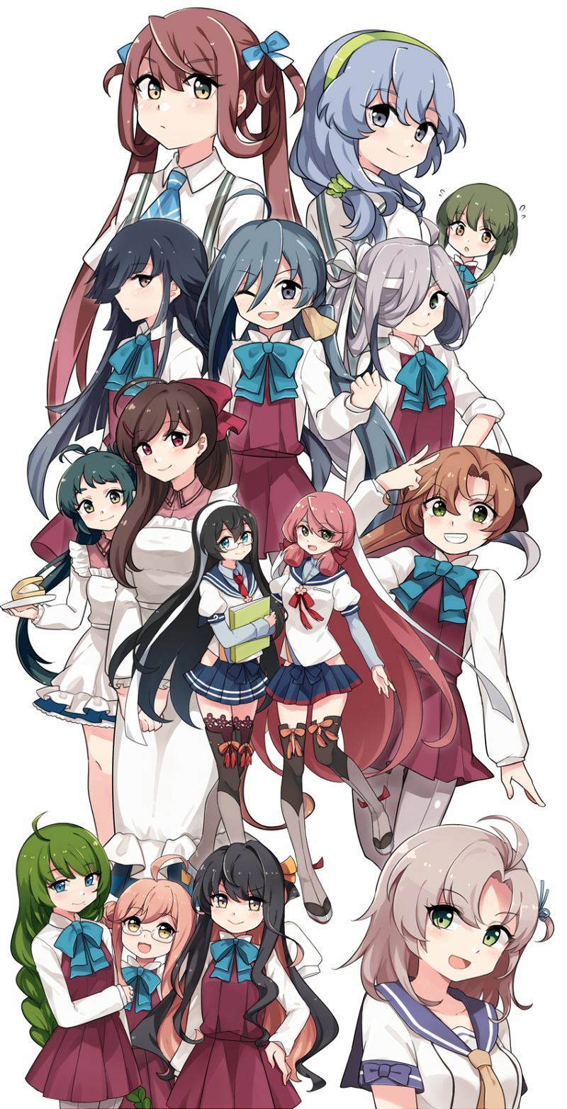 6+girls akashi_(kantai_collection) akigumo_(kantai_collection) arm_warmers asagumo_(kantai_collection) asashimo_(kantai_collection) ascot bandana black_hair black_legwear blouse blue_eyes blue_hair book bow bowtie braid brown_eyes brown_hair dress_shirt fang glasses green_eyes green_hair grey_eyes grey_eyes grey_hair grey_legwear hair_bow hair_bun hair_ornament hair_over_one_eye hair_ribbon hairband hairclip hayashimo_(kantai_collection) highres hime_cut irako_(kantai_collection) kantai_collection kappougi kinugasa_(kantai_collection) kiyoshimo_(kantai_collection) long_hair low_twintails makigumo_(kantai_collection) mamiya_(kantai_collection) mole multicolored_hair multiple_girls naganami_(kantai_collection) necktie ooyodo_(kantai_collection) open_mouth pantyhose pink_hair pleated_skirt ponytail purple_hair remodel_(kantai_collection) ribbon school_uniform serafuku sharlorc shirt short_hair silver_hair single_braid skirt smile suspender_skirt suspenders takanami_(kantai_collection) thigh-highs tress_ribbon twintails very_long_hair vest wavy_hair yamagumo_(kantai_collection) yellow_eyes yuugumo_(kantai_collection)