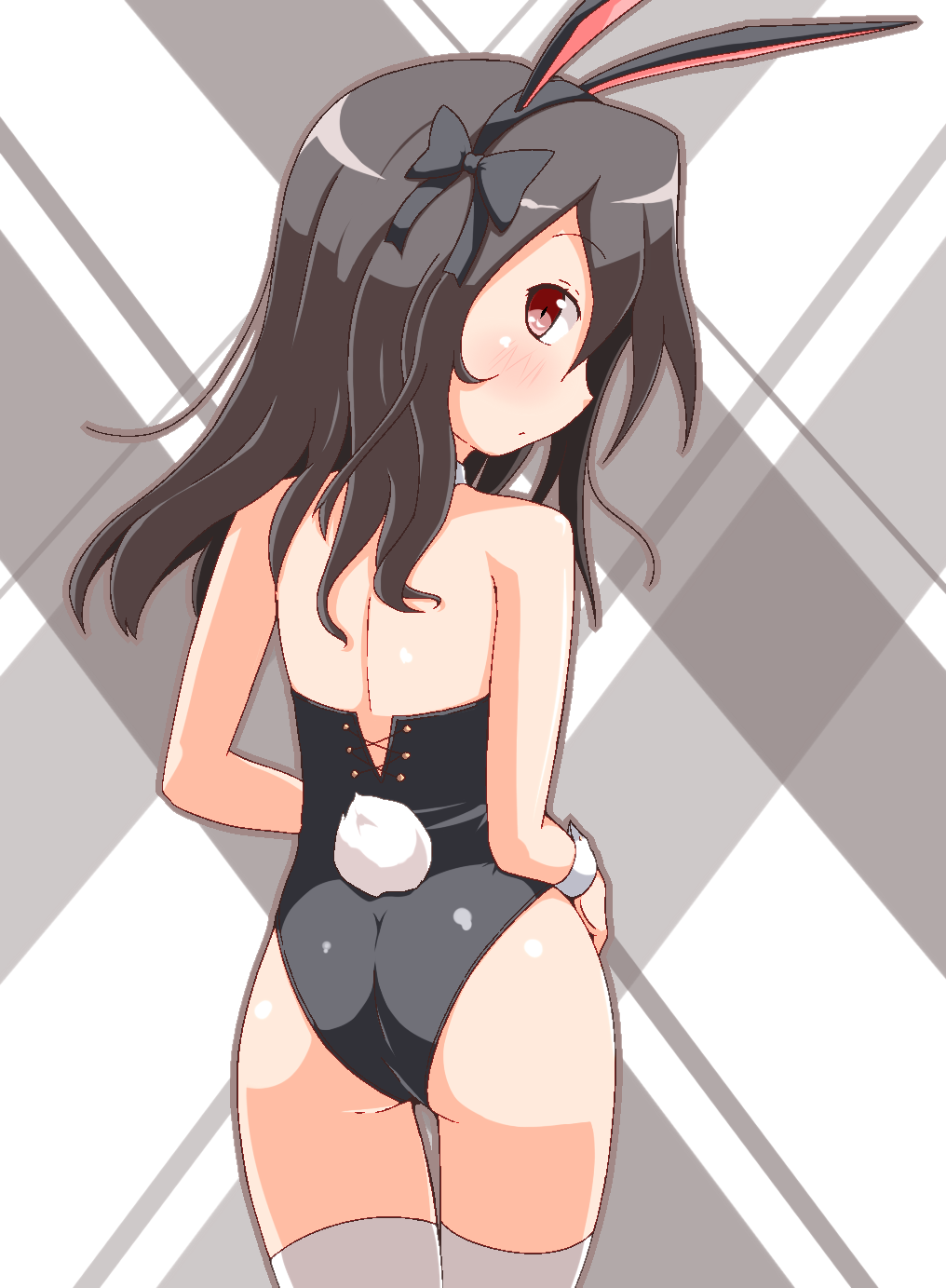 1girl a-ktoo animal_ears ass black_hair bunny_tail bunnysuit detached_collar from_behind highres long_hair looking_back original rabbit_ears red_eyes tail thigh-highs wrist_cuffs
