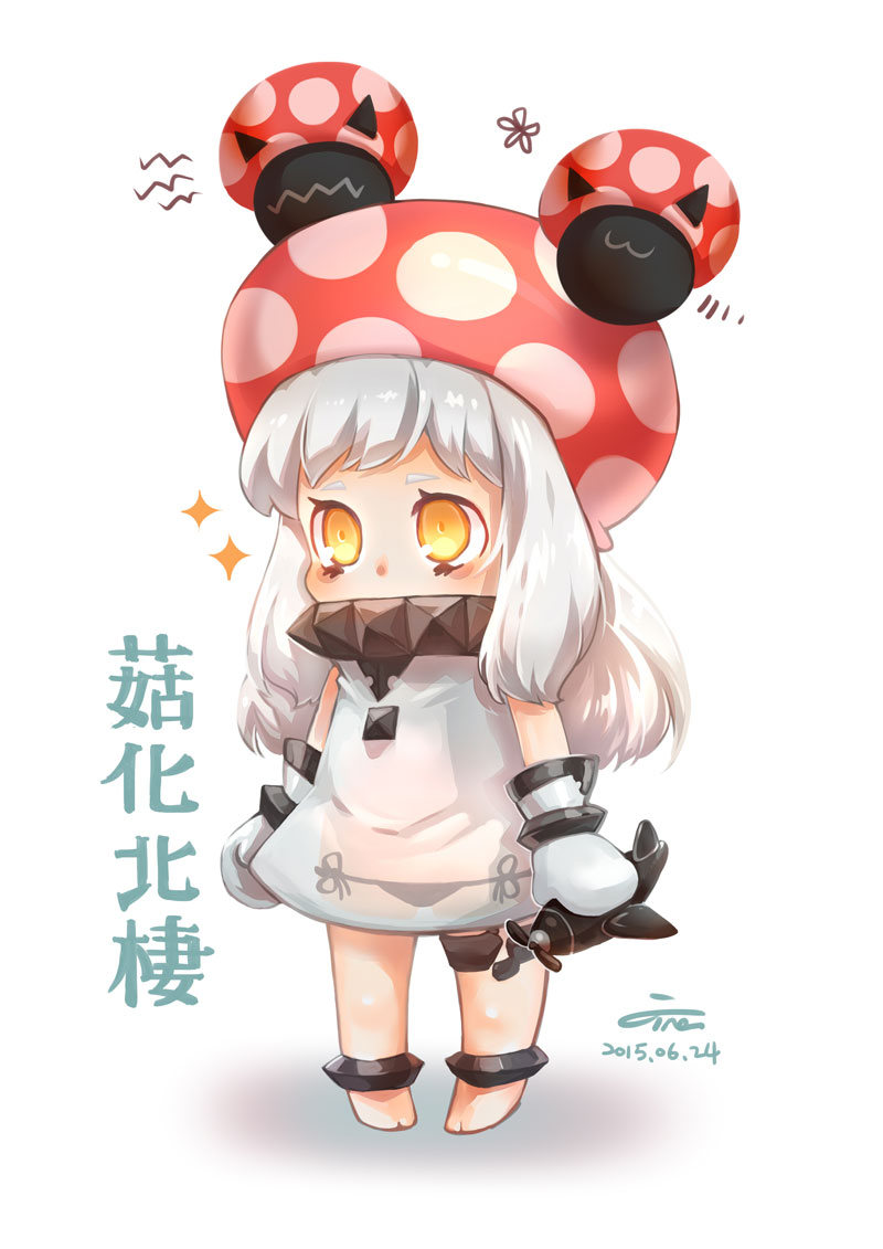 1girl ahoge airplane black_panties chibi covered_mouth dress hat horns kantai_collection long_hair looking_at_viewer mittens northern_ocean_hime pale_skin panties polka_dot see-through shinkaisei-kan side-tie_panties signature silver_hair sparkle tina_hung translation_request underwear white_dress yellow_eyes