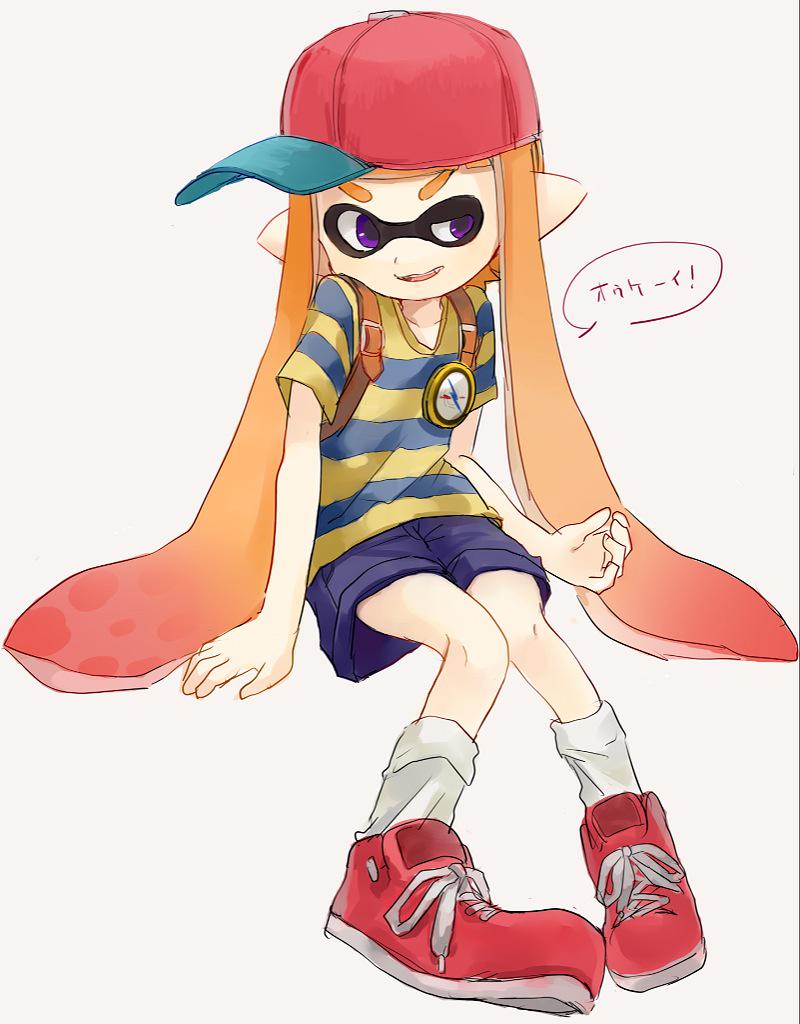 1girl backpack badge bag baseball_cap domino_mask hat inkling knees_together_feet_apart mother_(game) mother_2 myuu1995 ness ness_(cosplay) orange_hair payot simple_background sitting smirk splatoon t-shirt tentacle_hair violet_eyes white_background