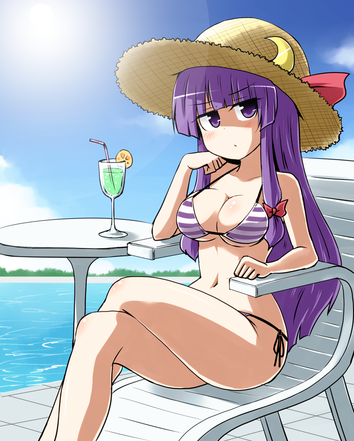 1girl bikini blue_sky breasts chair cleavage clouds collarbone crossed_legs drink drinking_straw hair_ribbon hat hime_cut kousei_(public_planet) lake large_breasts long_hair looking_at_viewer navel patchouli_knowledge purple_bikini purple_hair ribbon side-tie_bikini sitting sky solo straw_hat striped striped_bikini striped_swimsuit swimsuit table touhou tress_ribbon under_boob very_long_hair violet_eyes