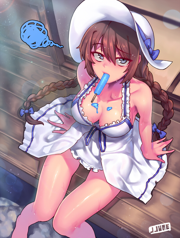 1girl bare_arms bare_legs bare_shoulders barefoot braid breasts brown_hair collarbone downblouse dress grey_eyes hat jjune large_breasts long_hair looking_at_viewer mouth_hold no_bra open_door original popsicle sleeveless sleeveless_dress solo spilling squiggle sundress tatami twin_braids veranda very_long_hair white_dress