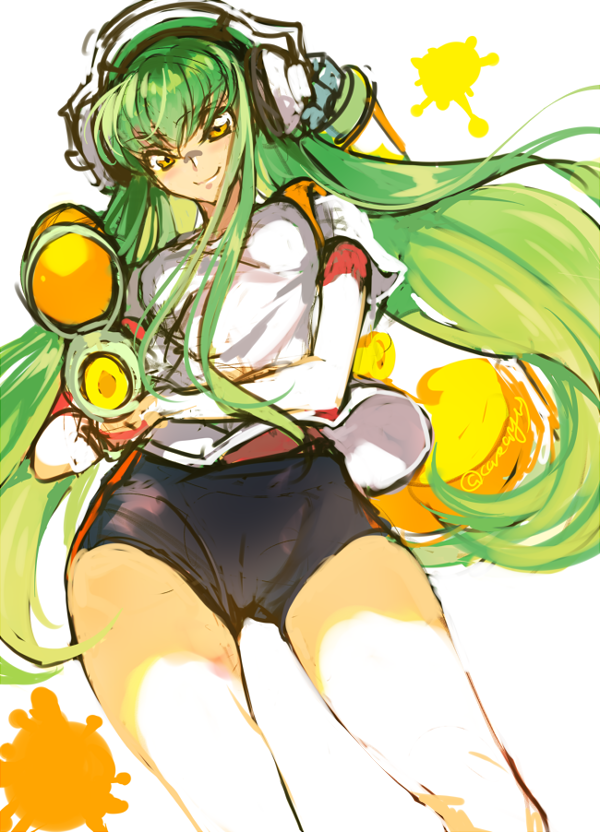 1girl c.c. code_geass creayus green_hair headphones inkling inkling_(cosplay) long_hair looking_at_viewer paint simple_background smile solo splatoon sportswear twintails twitter_username water_gun white_background yellow_eyes