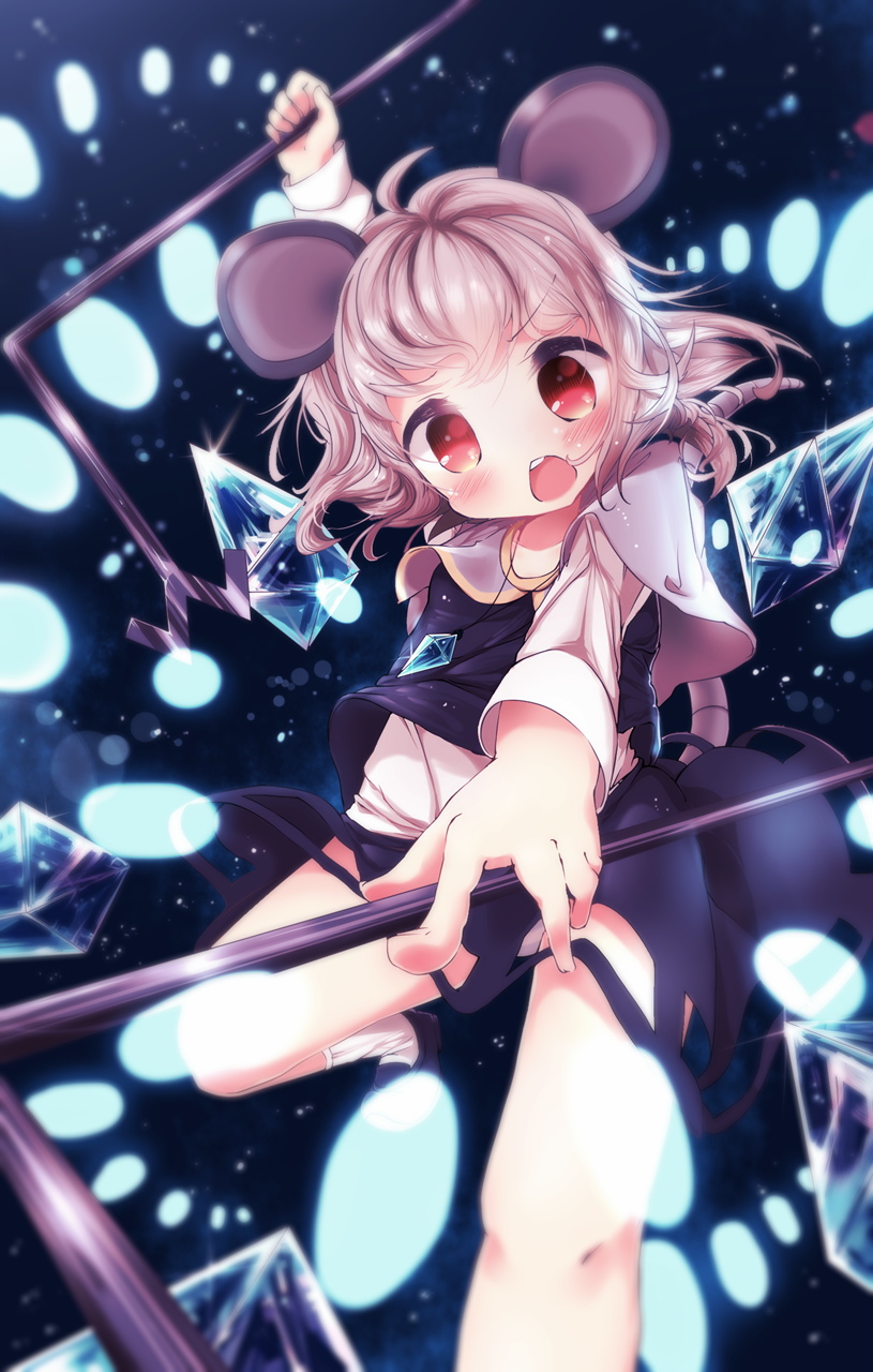 1girl akisha animal_ears capelet danmaku dowsing_rod gem highres jewelry long_sleeves looking_at_viewer mouse_ears mouse_tail nazrin necklace open_mouth pendant red_eyes see-through shirt silver_hair skirt skirt_set solo tail touhou