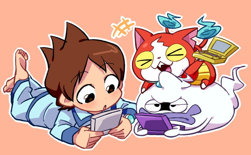&gt;_&lt; 1boy :o amano_keita barefoot brown_hair cat fangs ghost jibanyan lying multiple_tails nintendo_3ds notched_ear on_stomach open_mouth pajamas purple_lips sakiko_(gekiama) short_hair simple_background tail two_tails watch watch whisper_(youkai_watch) youkai youkai_watch youkai_watch_(object)