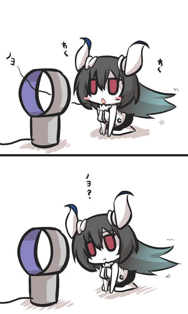 anchorage_water_oni black_hair bladeless_fan blush_stickers chestnut_mouth chibi commentary_request fan gomasamune horns kantai_collection kneeling long_hair open_mouth red_eyes sketch translation_request