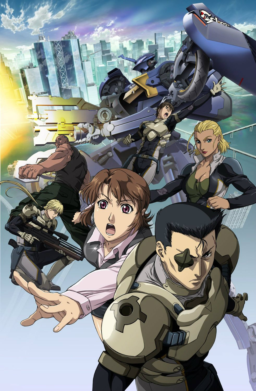 2girls 4boys armor blonde_hair brown_hair bullpup character_request cityscape dark_skin eyepatch firing gun highres manly mecha multiple_boys multiple_girls muscle official_art pilot_suit promotional_art rifle science_fiction sniper_rifle tagme uniform viper's_creed walther walther_wa_2000 weapon