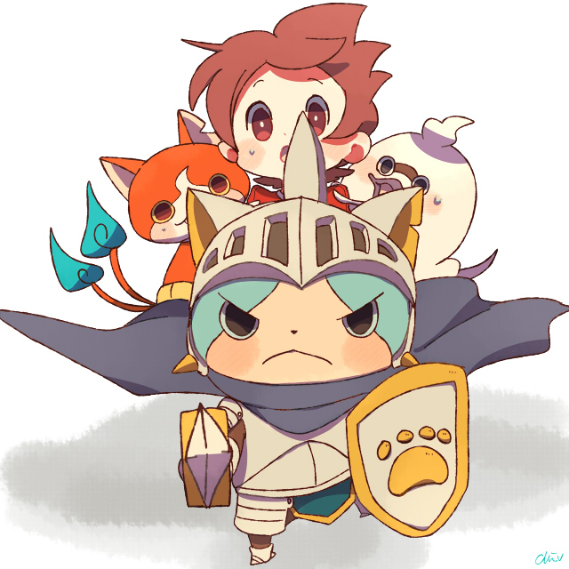 1boy amano_keita armor brown_hair cape cat chiyoko_(oman1229) ghost helmet jibanyan knight looking_at_viewer multiple_tails notched_ear nyankishi open_mouth paw_print purple_lips red_shirt shield shirt short_hair sweat sword tail two_tails weapon whisper_(youkai_watch) white_background youkai youkai_watch youkai_watch_busters