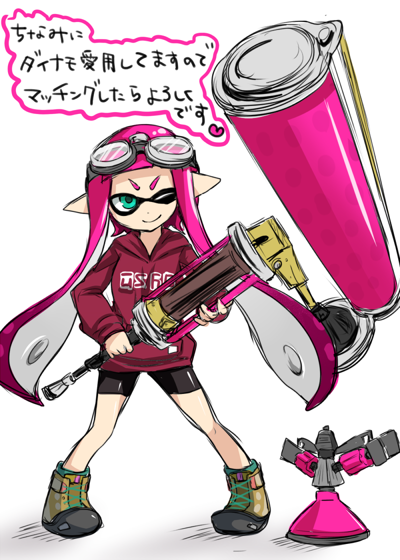 &gt;;) 1girl ;) bike_shorts blue_eyes domino_mask full_body goggles goggles_on_head hoodie inkling long_hair long_sleeves magenta_hair mask nuana one_eye_closed paint paint_roller pink_hair pointy_ears shoes simple_background smile sneakers solo splatoon sprinkler standing tentacle_hair white_background
