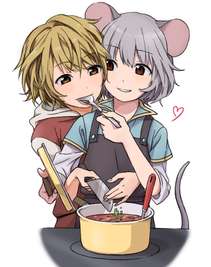 2girls animal_ears apron blonde_hair brown_eyes brown_hair feeding food grey_hair heart jpeg_artifacts knife long_sleeves looking_at_another mouse_ears mouse_tail multicolored_hair multiple_girls nazrin no_headwear parted_lips pot red_eyes shirt short_hair simple_background smile spoon tail tojo_(strit2p) toramaru_shou touhou two-tone_hair vest white_background yuri