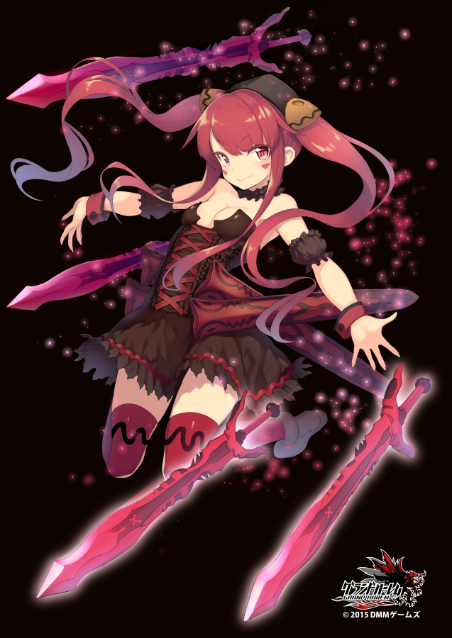 1girl bare_shoulders black_dress breasts choker cleavage darkness detached_sleeves dress grand_harem hair_ornament long_hair looking_at_viewer outstretched_arms pokachu puffy_short_sleeves puffy_sleeves purple_legwear red_eyes redhead ribbon_choker short_sleeves smile solo strapless_dress sword thigh-highs twintails very_long_hair weapon wrist_cuffs zettai_ryouiki
