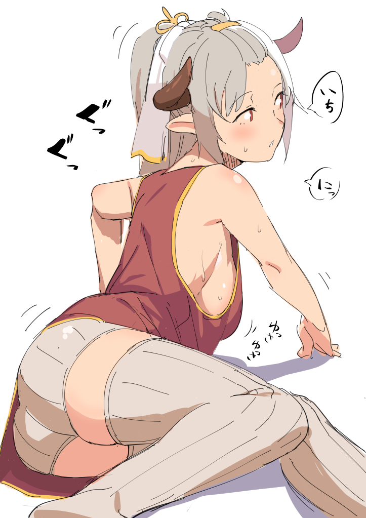 1girl :o aleeza_(granblue_fantasy) arm_support ass breasts granblue_fantasy horns level.21 long_hair looking_away lying no_bra on_side ponytail red_eyes ribbed_legwear shorts sideboob silver_hair solo sweat thigh-highs