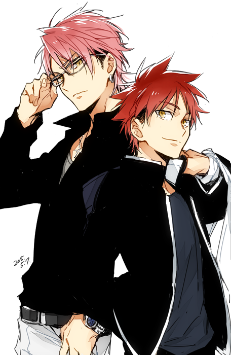 earrings glasses jewelry kojirou_shinomiya pink_hair redhead shokugeki_no_souma xia_(ryugo) yellow_eyes yukihira_souma