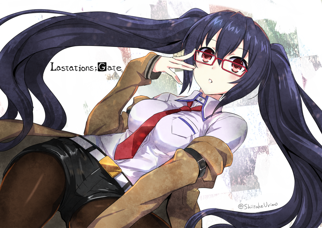 1girl adjusting_glasses belt between_breasts black_hair black_legwear breasts choujigen_game_neptune cosplay dress_shirt glasses imai_asami jacket jacket_off_shoulders legwear_under_shorts long_hair makise_kurisu makise_kurisu_(cosplay) necktie necktie_between_breasts neptune_(series) noire open_mouth pantyhose red-framed_glasses red_eyes red_necktie seiyuu_connection shiitake_urimo shirt shorts solo steins;gate title_parody twintails twitter_username very_long_hair