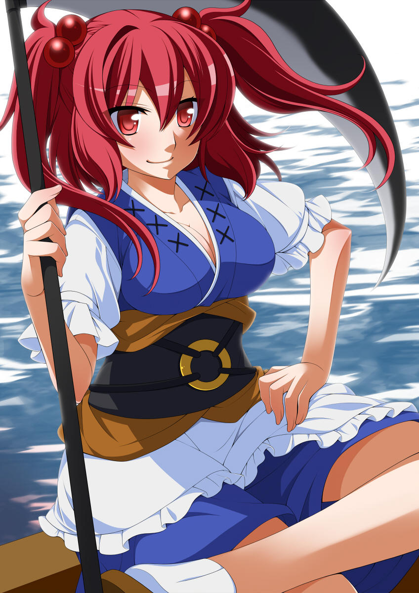 1girl breasts check_commentary cleavage commentary_request eichi_yuu hair_bobbles hair_ornament highres large_breasts onozuka_komachi puffy_sleeves red_eyes redhead river sash scythe shirt sitting skirt smile solo touhou twintails water wind