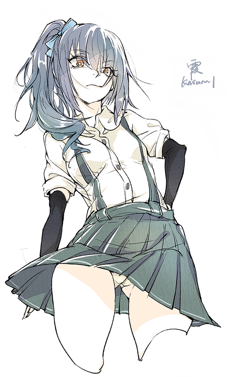 chuzenji highres kantai_collection kasumi_(kantai_collection) long_hair school_uniform side_ponytail skirt suspenders