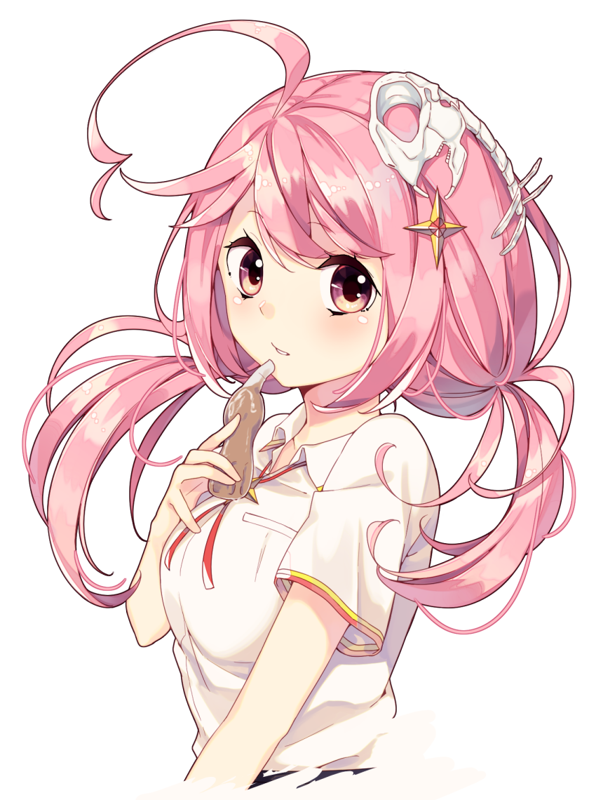 1girl ahoge bangs hair_ornament hoshiko_(sakuragi_ren) long_hair looking_at_viewer low_twintails original papico_(ice_cream) parted_lips pink_eyes pink_hair sakuragi_ren short_sleeves simple_background solo twintails white_background