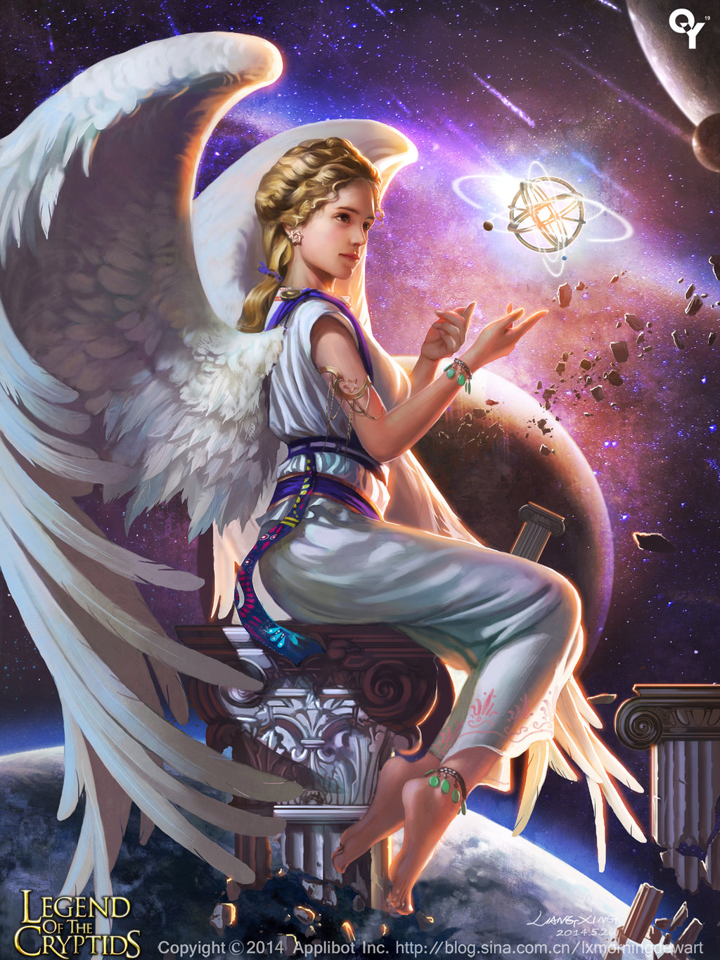 1girl angel angel_wings anklet armlet barefoot blonde_hair bracelet braid dress feet hair_ribbon highres jewelry legend_of_the_cryptids liangxing pillar planet ribbon sitting_on_object soles space tied_hair toe_ring white_dress wings