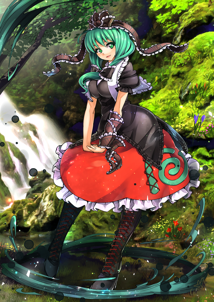 1girl boots bow breasts cape cross-laced_footwear forest front_ponytail green_eyes green_hair hair_bow interlocked_fingers kagiyama_hina large_breasts long_hair looking_at_viewer nature puffy_short_sleeves puffy_sleeves shirt short_sleeves skirt smile solo touhou umigarasu_(kitsune1963) water waterfall wrist_ribbon