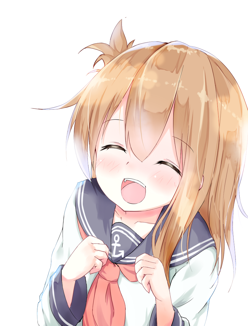 1girl :d ^_^ anchor_symbol brown_hair closed_eyes folded_ponytail hamaru_(s5625t) inazuma_(kantai_collection) kantai_collection long_hair long_sleeves neckerchief open_mouth ponytail school_uniform serafuku smile solo