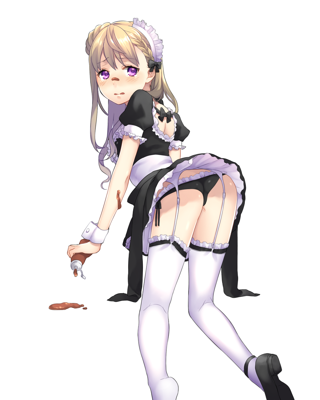 1girl ass bandaid bandaid_on_nose black_panties blush from_behind garter_belt garter_straps highres kneeling lio_(rumei2265874644) long_hair looking_back maid maid_headdress original panties side-tie_panties simple_background solo tears thigh-highs underwear violet_eyes white_background wrist_cuffs