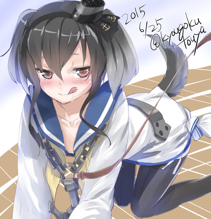 1girl 2015 :p all_fours anchor anchor_symbol artist_name black_hair blush brown_eyes chain crawling dated dog_tail hairband kantai_collection kyougoku_touya looking_at_viewer multicolored_hair pantyhose sailor_dress school_uniform seamed_legwear serafuku shirt short_hair short_hair_with_long_locks side-seamed_legwear smile solo strap tail thigh-highs tied_shirt tokitsukaze_(kantai_collection) tongue tongue_out twitter_username white_hair