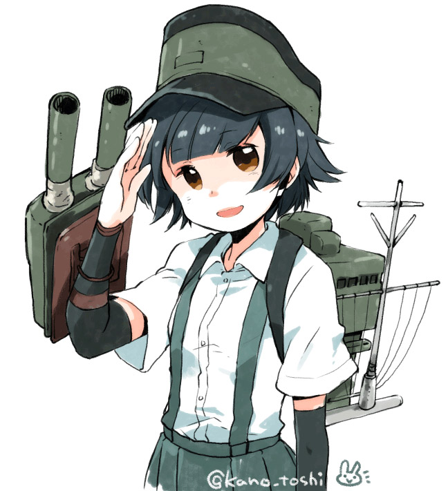 1girl :d arare_(kantai_collection) arm_warmers black_hair brown_eyes doodle hat kano_(coyotehunt) kantai_collection machinery open_mouth pleated_skirt salute short_hair skirt smile suspenders twitter_username upper_body white_background