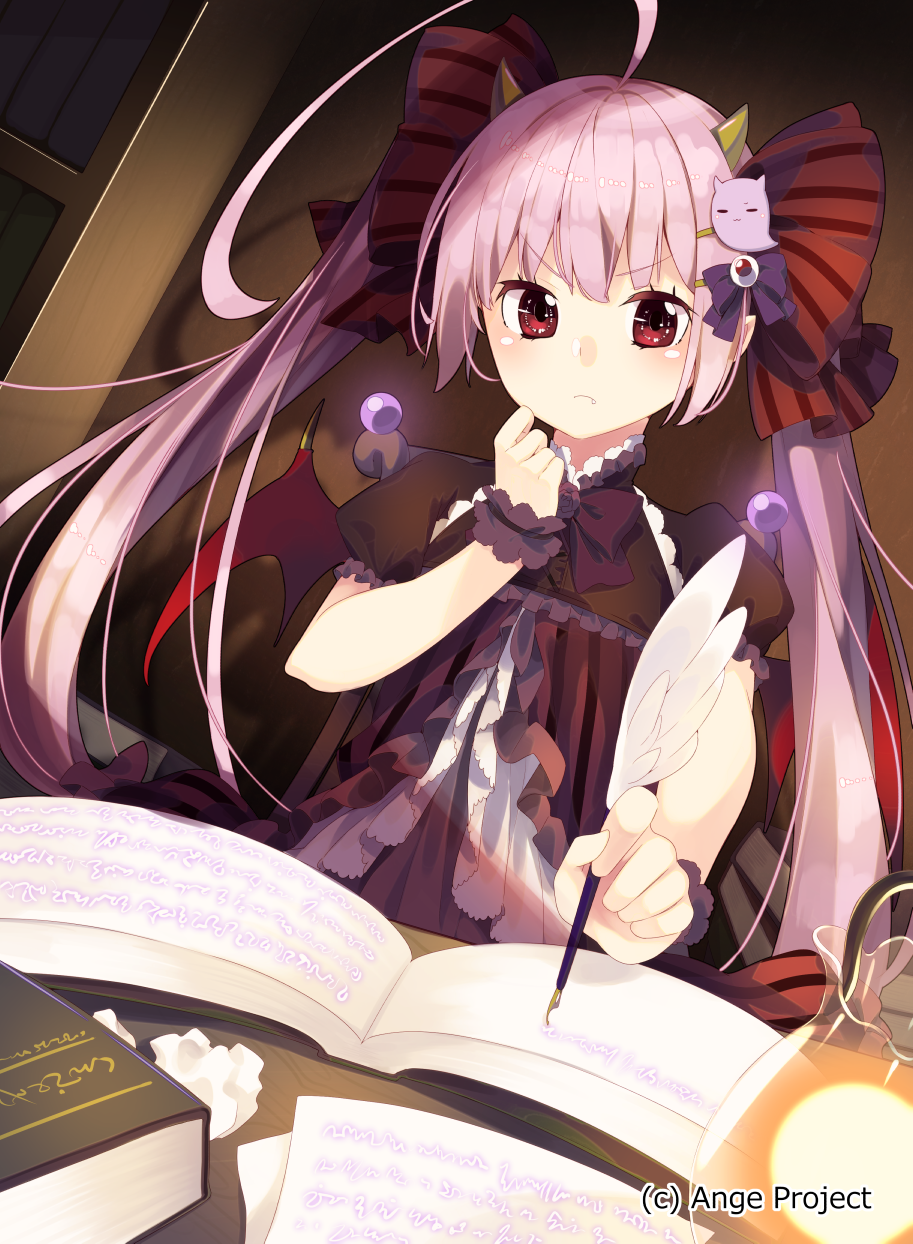 1girl ahoge alternate_costume ange_vierge book bow chair demon_horns demon_wings dress fang frills gothic_lolita hair_bow hair_ornament highres horns huge_ahoge lamp lolita_fashion long_hair pink_hair puffy_short_sleeves puffy_sleeves quill red_eyes sakuragi_ren short_sleeves solo sophina thinking twintails wings wrist_cuffs writing