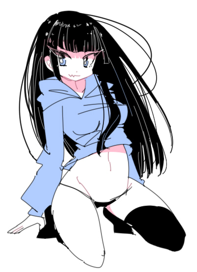 1girl aano_(10bit) asymmetrical_legwear black_hair black_legwear black_panties blue_eyes blue_shirt hime_cut hoodie kneehighs long_hair looking_to_the_side naishi-chan navel no_pants original panties shirt shirt_lift simple_background single_thighhigh sitting sketch solo taut_clothes taut_shirt thigh-highs thighs thong tsurime underwear wavy_mouth white_background