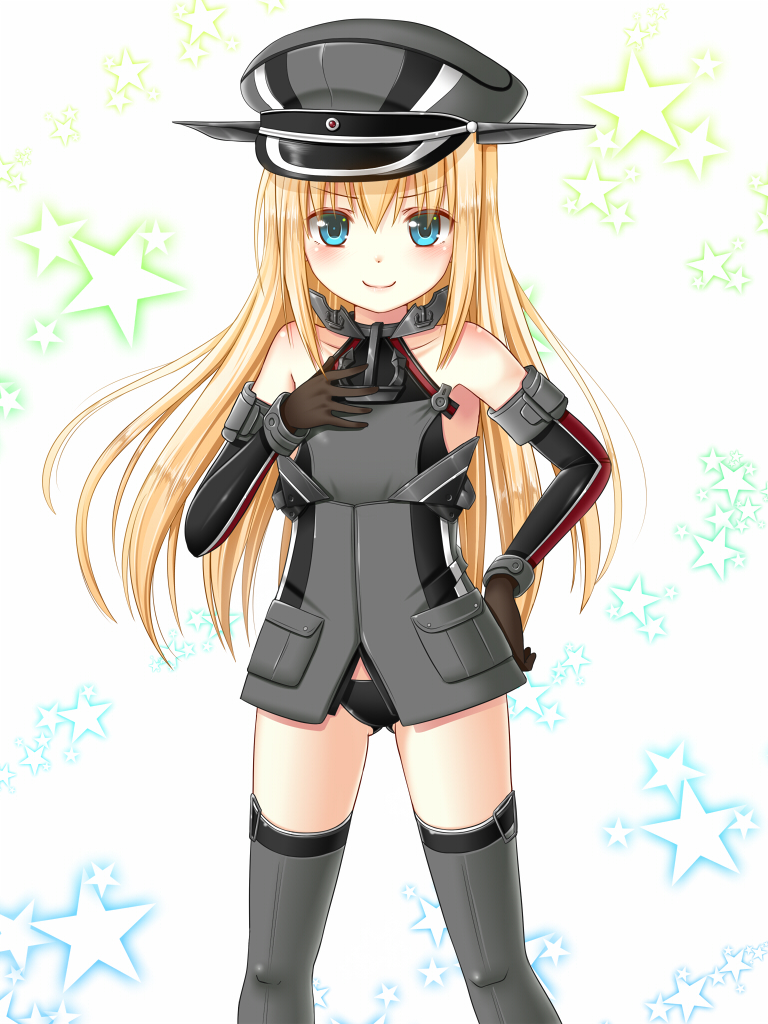 1girl bismarck_(kantai_collection) black_panties blue_eyes blush dotera-otoko elbow_gloves flat_chest gloves grey_legwear hand_on_hip hand_on_own_chest hat kantai_collection long_hair looking_at_viewer panties peaked_cap smile solo thigh-highs underwear very_long_hair younger