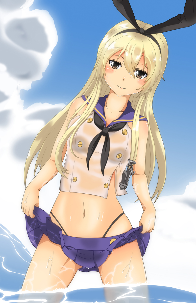1girl anchor_hair_ornament black_panties blonde_hair blue_sky blush brown_eyes collarbone cowboy_shot crop_top dripping elbow_gloves gloves hair_ornament hairband highleg highleg_panties highres kantai_collection long_hair looking_at_viewer microskirt midriff navel neckerchief outdoors panties pleated_skirt school_uniform see-through serafuku shimakaze_(kantai_collection) skirt skirt_lift sky sleeveless small_breasts smile solo tp underwear wading water wet wet_clothes white_gloves