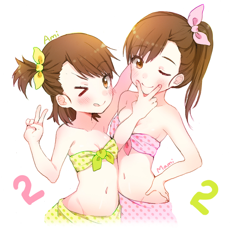 &gt;_o 2girls ;) ;q arm_up bandeau bare_shoulders brown_eyes brown_hair fingersmile futami_ami futami_mami hand_on_hip hym9594 idolmaster looking_at_viewer multiple_girls navel sarong siblings side_ponytail sisters smile tongue tongue_out v wink