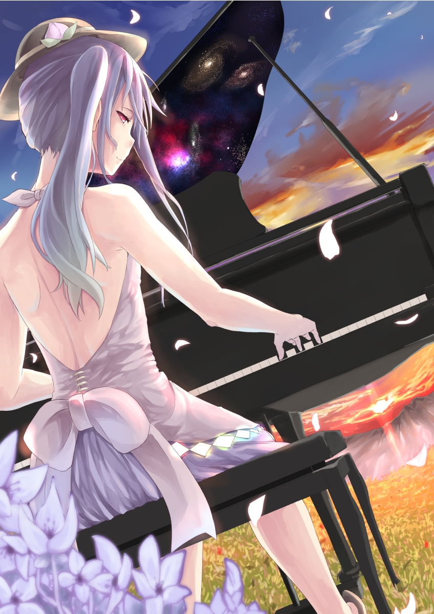1girl alternate_hair_color alternate_hairstyle back bare_shoulders bow flower food fruit galaxy grass hat hat_ribbon highres hinanawi_tenshi instrument long_hair looking_at_viewer looking_back peach petals piano playing_instrument playing_piano purple_hair red_eyes ribbon saraki side_ponytail sitting sleeveless smile solo touhou