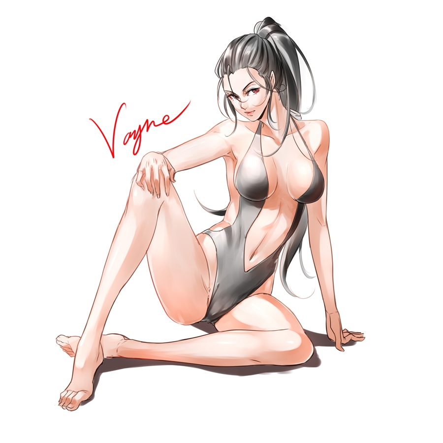 1girl alternate_costume arm_support bare_legs bare_shoulders black_hair breasts hand_on_knee hikarusorano impossible_clothes league_of_legends long_hair navel one-piece_swimsuit parted_lips ponytail revealing_clothes shauna_vayne sitting sketch smile solo swimsuit very_long_hair