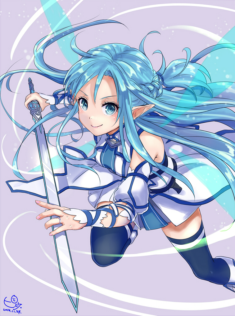 1girl asuna_(sao) asuna_(sao-alo) blue_eyes blue_hair blue_legwear dated jewelry long_hair looking_at_viewer pisuke pointy_ears ring signature smile solo sword sword_art_online thigh-highs weapon wedding_band wings