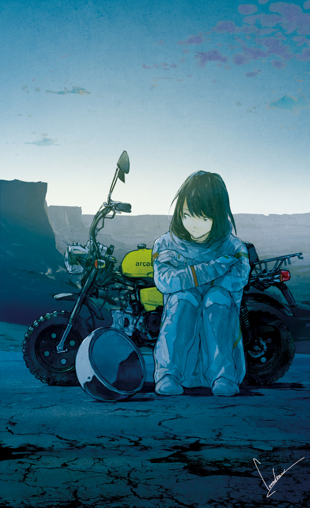 1girl artist_name black_hair canyon crossed_arms headwear_removed helmet helmet_removed highres knees_up loundraw motor_vehicle motorcycle original sitting solo space_craft vehicle