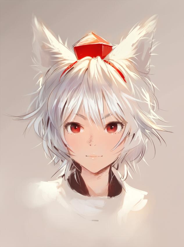 1girl albino animal_ears face grey_background hat inubashiri_momiji jpeg_artifacts looking_to_the_side matsuda_(matsukichi) portrait red_eyes short_hair simple_background smile solo tokin_hat touhou upper_body white_hair wolf_ears