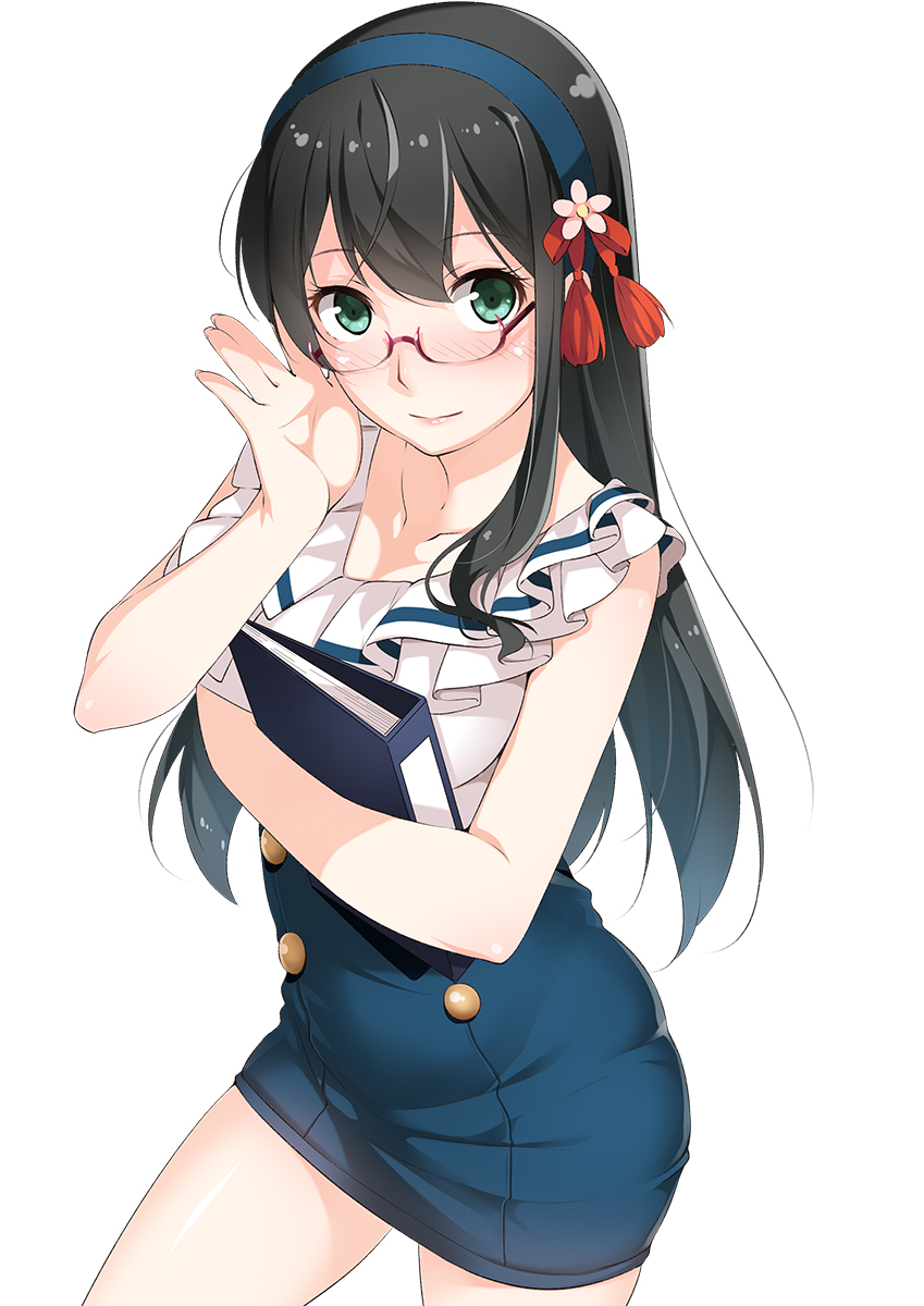 1girl black_hair blue_eyes casual ello folder glasses hair_ornament hairband highres kantai_collection long_hair ooyodo_(kantai_collection)