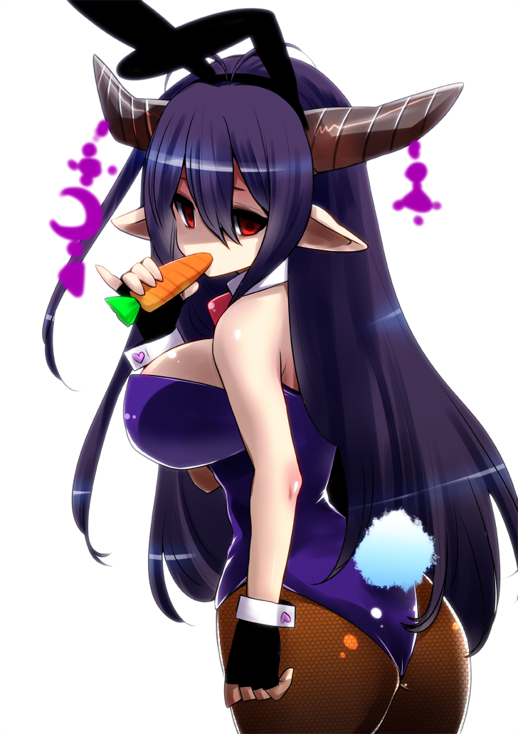 1girl animal_ears ass black_hair breasts bunny_tail bunnysuit carrot danua granblue_fantasy horns large_breasts long_hair perepere-kun pointy_ears rabbit_ears simple_background solo tail very_long_hair white_background