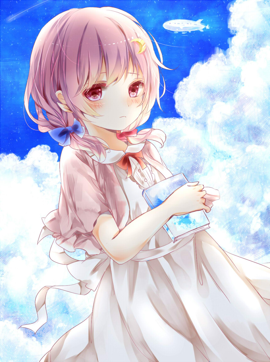 1girl alternate_hair_length alternate_hairstyle blue_ribbon book clouds cloudy_sky crescent_hair_ornament dress hair_between_eyes hair_ornament hair_ribbon holding holding_book long_hair looking_at_viewer misa_(kaeruhitode) outdoors patchouli_knowledge purple_dress purple_hair red_ribbon ribbon sky solo touhou violet_eyes