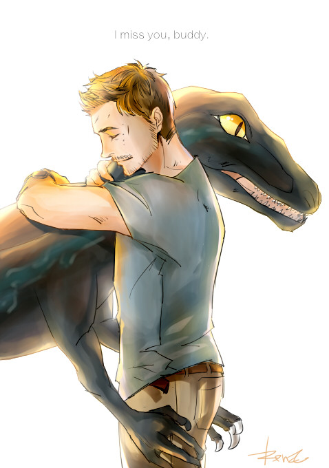 1boy blue_(jurassic_park) brown_hair dinosaur english facial_hair hug jurassic_park jurassic_world kemono_(kirkprise) owen_grady short_hair signature simple_background slit_pupils stubble t-shirt white_background yellow_eyes