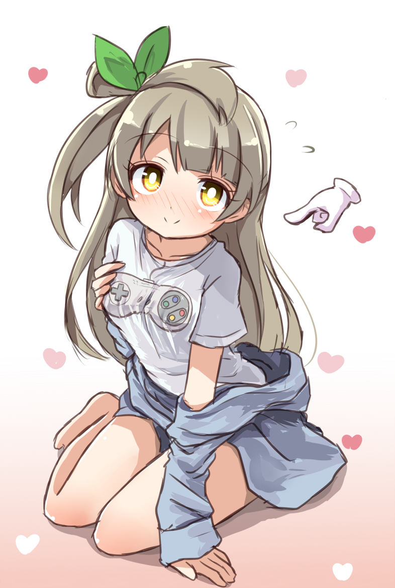 1girl bangs blush bow commentary_request controller cursor game_controller hair_bow hand_on_own_chest heart jacket_off_shoulders long_hair looking_at_viewer love_live!_school_idol_project minami_kotori print_shirt shikei_(jigglypuff) shirt side_ponytail sitting smile solo yellow_eyes yokozuwari