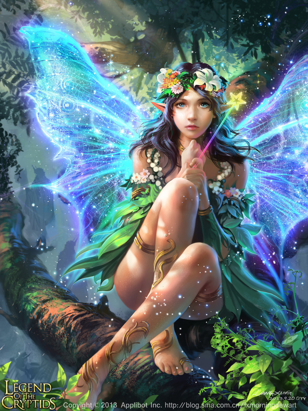 1girl barefoot barefoot_sandals dress fairy fairy_wings flower forest hair_flower hair_ornament head_wreath highres jewelry legend_of_the_cryptids looking_at_viewer nature pointy_ears star toe_ring tree wand wings
